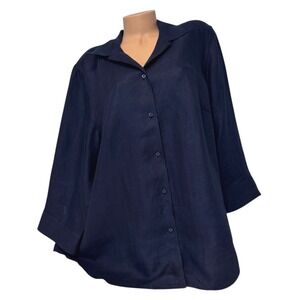 Lauren Ralph Lauren Women 1X Plus Navy Blue Linen Button Up 3/4 Sleeve Shirt Top